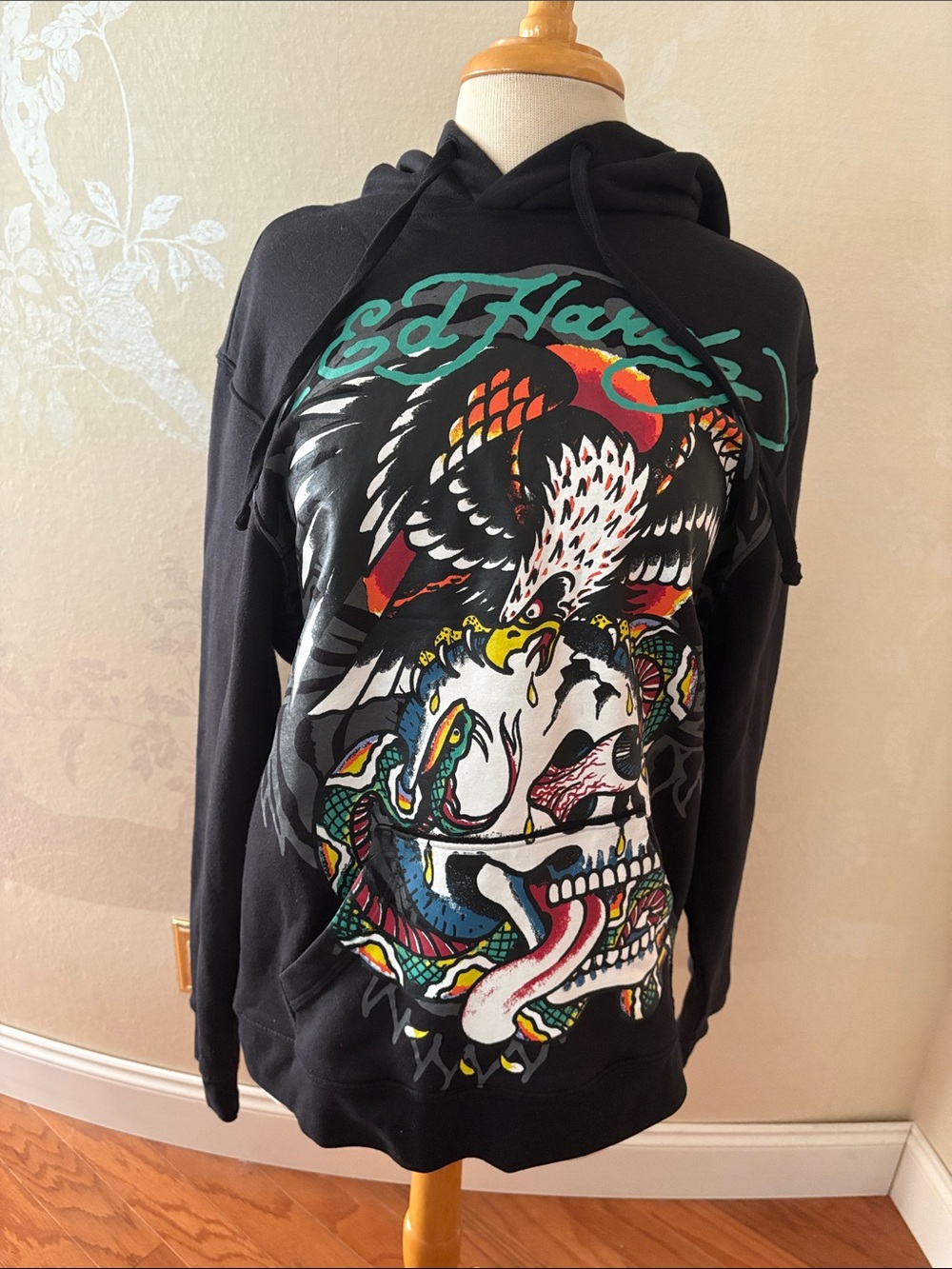 Ed Hardy Black Hoodie Sweatshirt with Multicolor Skull & Eagle Graphic